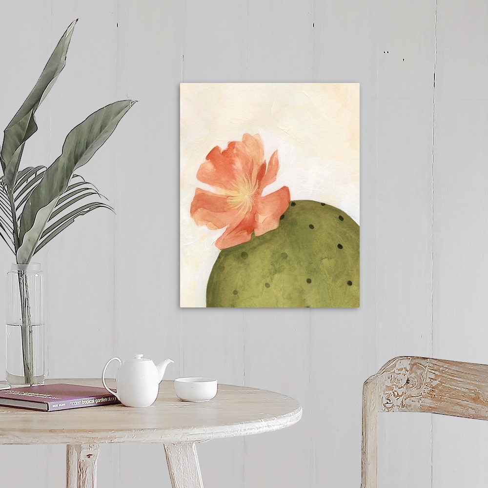 A farmhouse room featuring Contemporary painting of a bloom on the top of a cactus on a neutral backdrop.