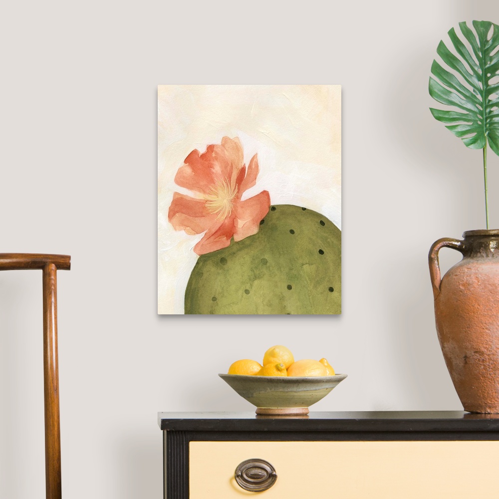 A traditional room featuring Contemporary painting of a bloom on the top of a cactus on a neutral backdrop.