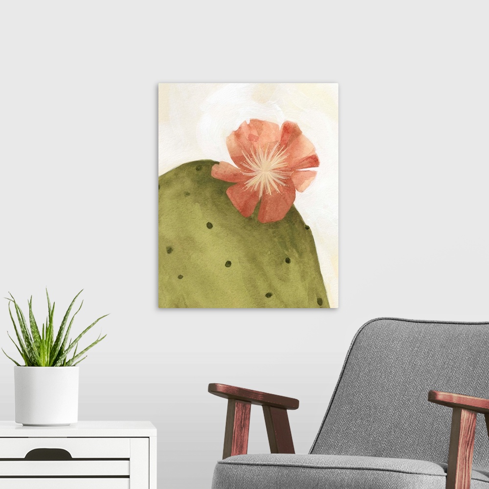 A modern room featuring Contemporary painting of a bloom on the top of a cactus on a neutral backdrop.