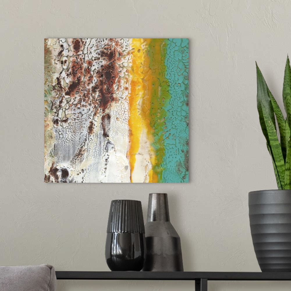 A modern room featuring Contemporary abstract artwork using vibrant saturated colors and subtle textures.