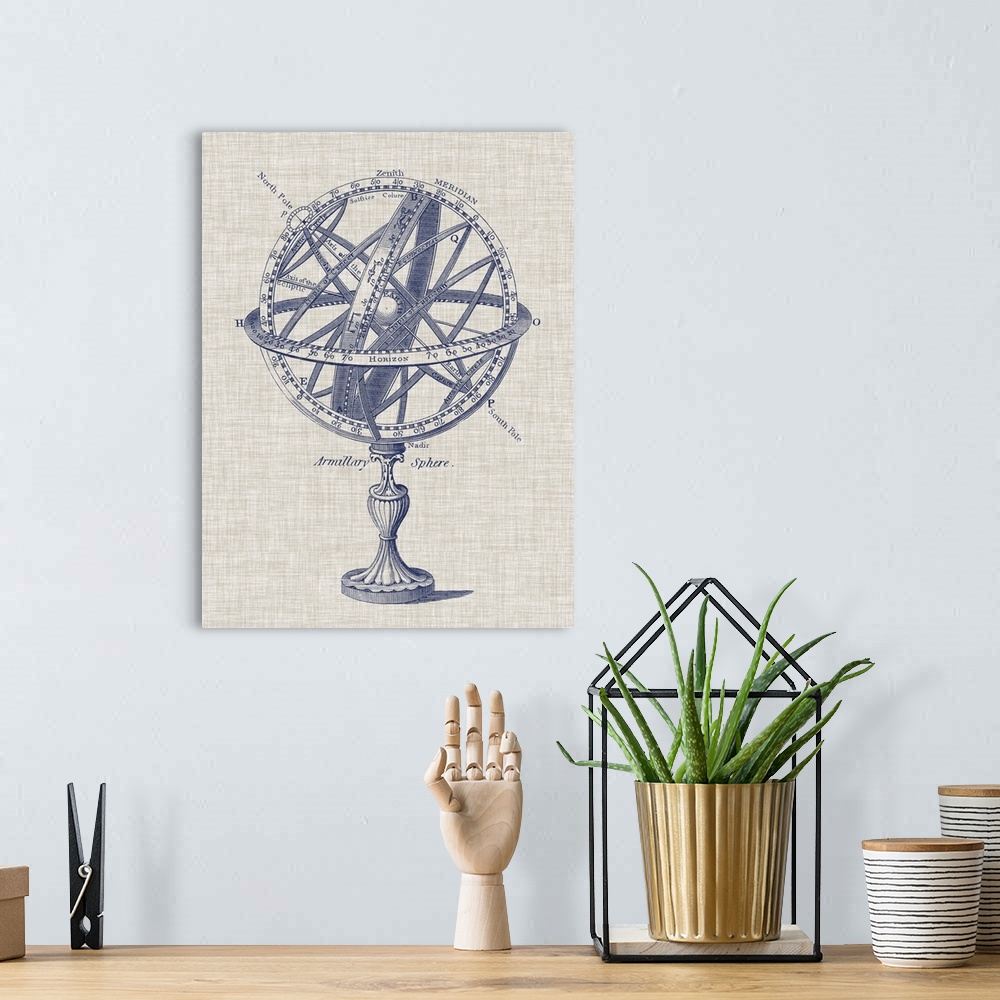 A bohemian room featuring Navy blue illustration of an Armillary sphere on a linen textured background.