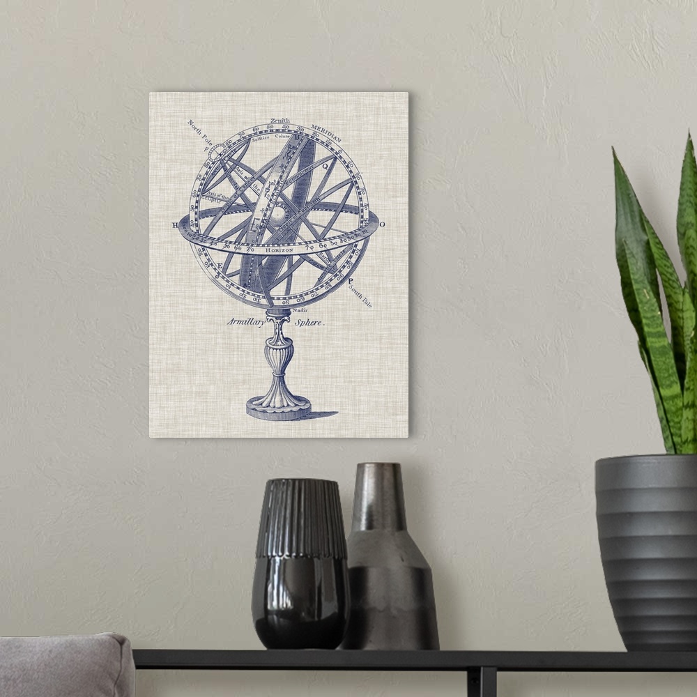 A modern room featuring Navy blue illustration of an Armillary sphere on a linen textured background.