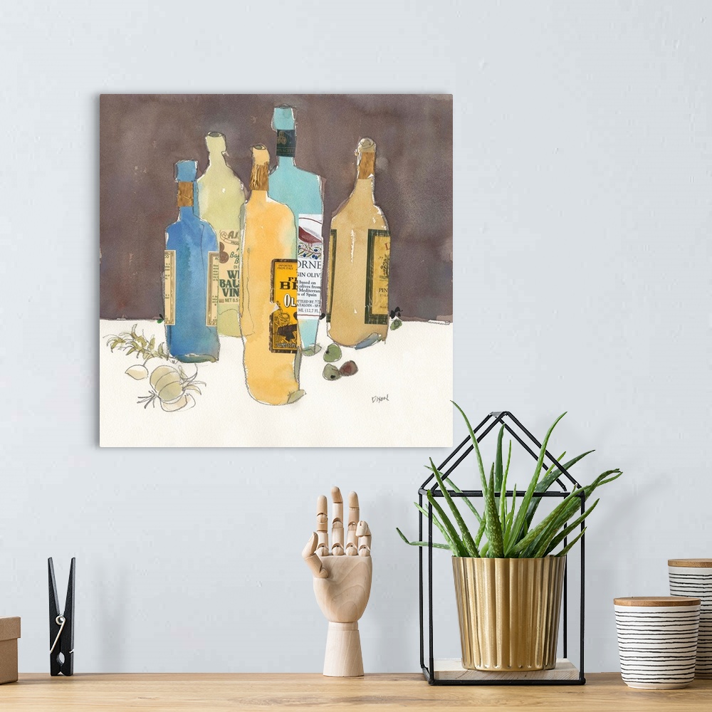 A bohemian room featuring Still life painting of several blue and yellow bottles of olive oil, with garlic and olives.