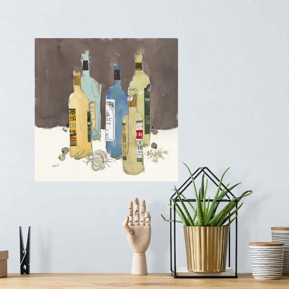 A bohemian room featuring Still life painting of several blue and yellow bottles of olive oil, with garlic and olives.