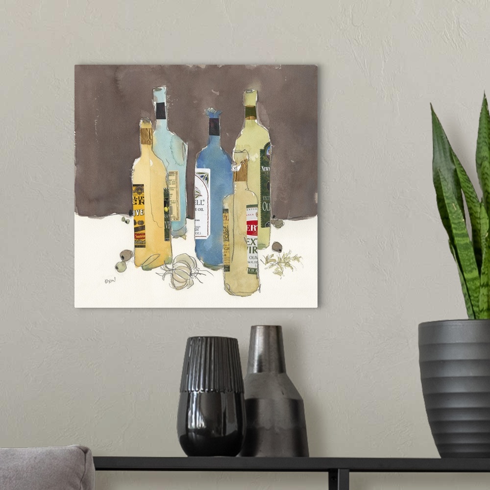 A modern room featuring Still life painting of several blue and yellow bottles of olive oil, with garlic and olives.