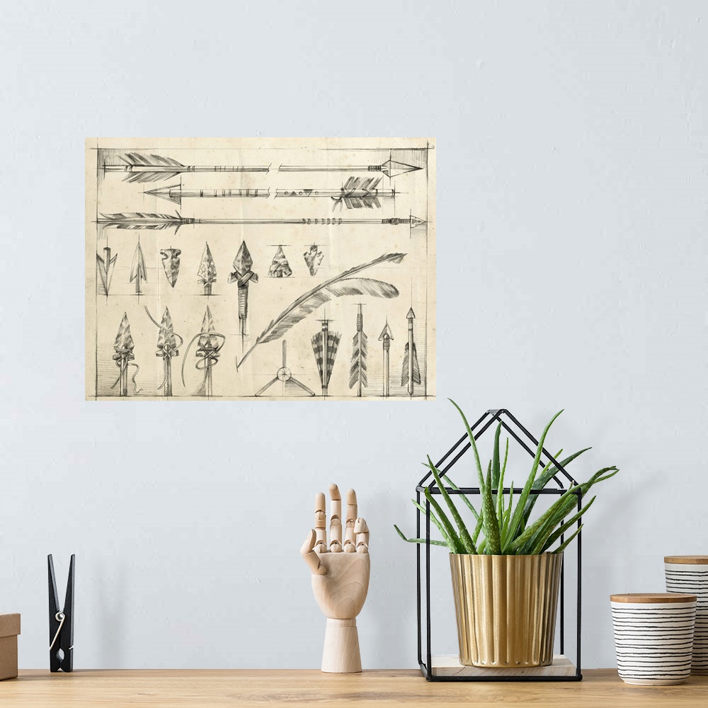 A bohemian room featuring Detailed pencil illustration of several arrows and arrowheads.