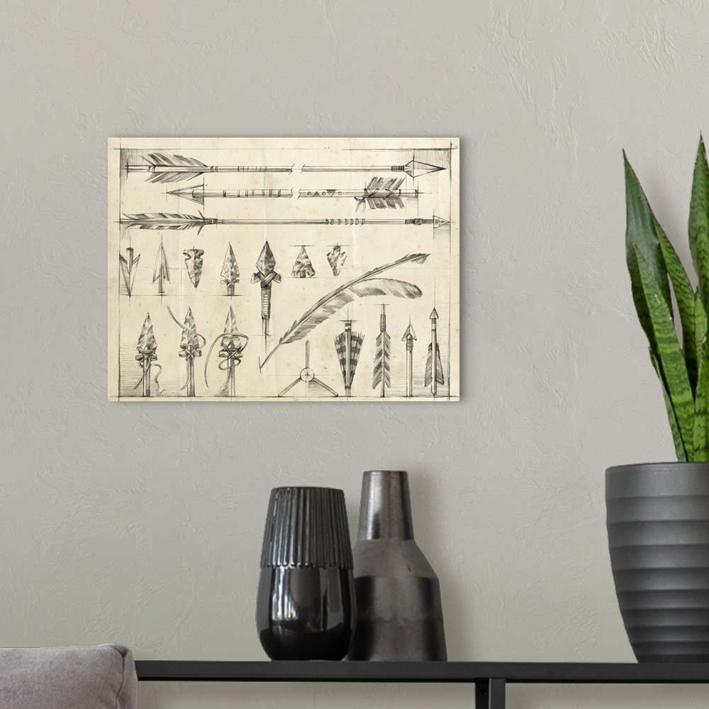 A modern room featuring Detailed pencil illustration of several arrows and arrowheads.