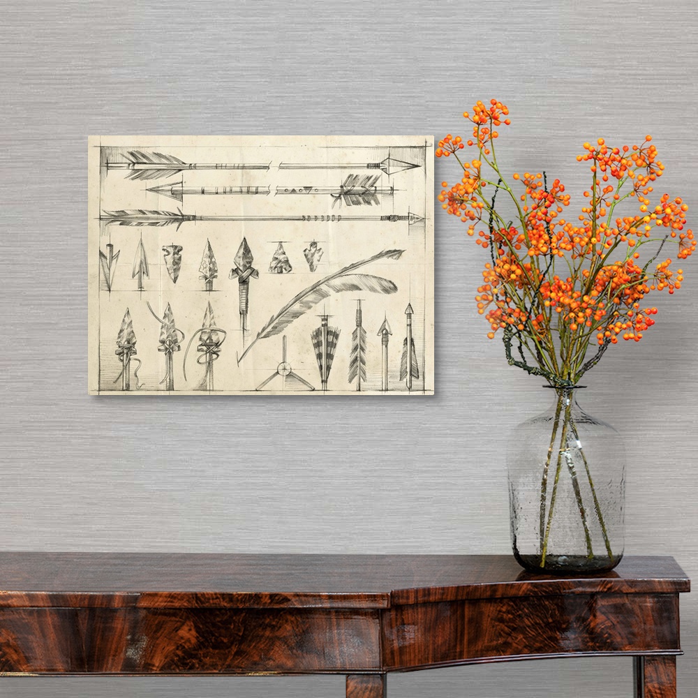 A traditional room featuring Detailed pencil illustration of several arrows and arrowheads.