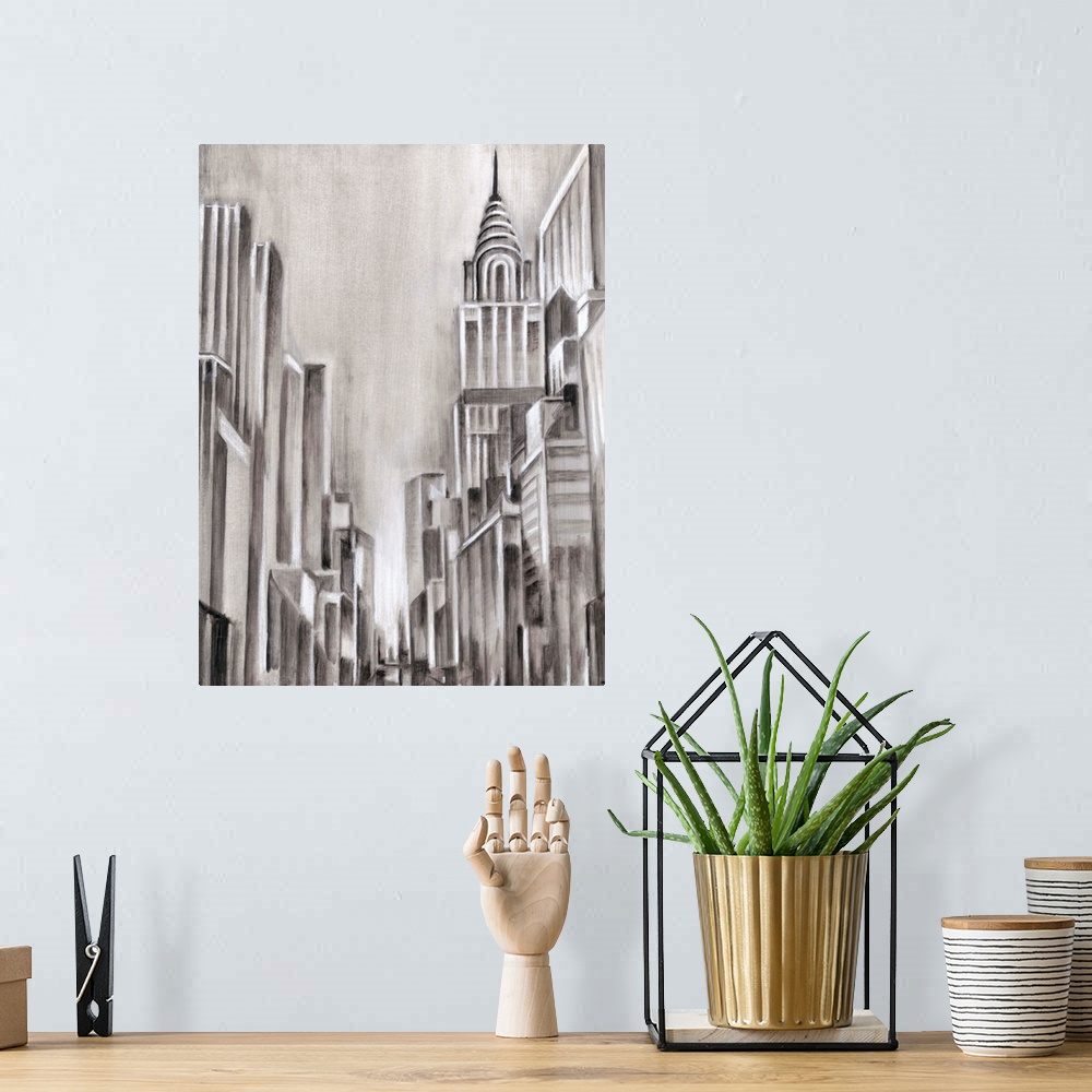 A bohemian room featuring Contemporary monotone painting of skyscrapers in New York City, done in an Art Deco style.