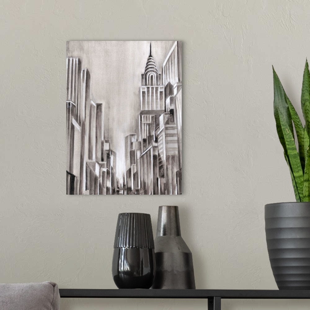 A modern room featuring Contemporary monotone painting of skyscrapers in New York City, done in an Art Deco style.