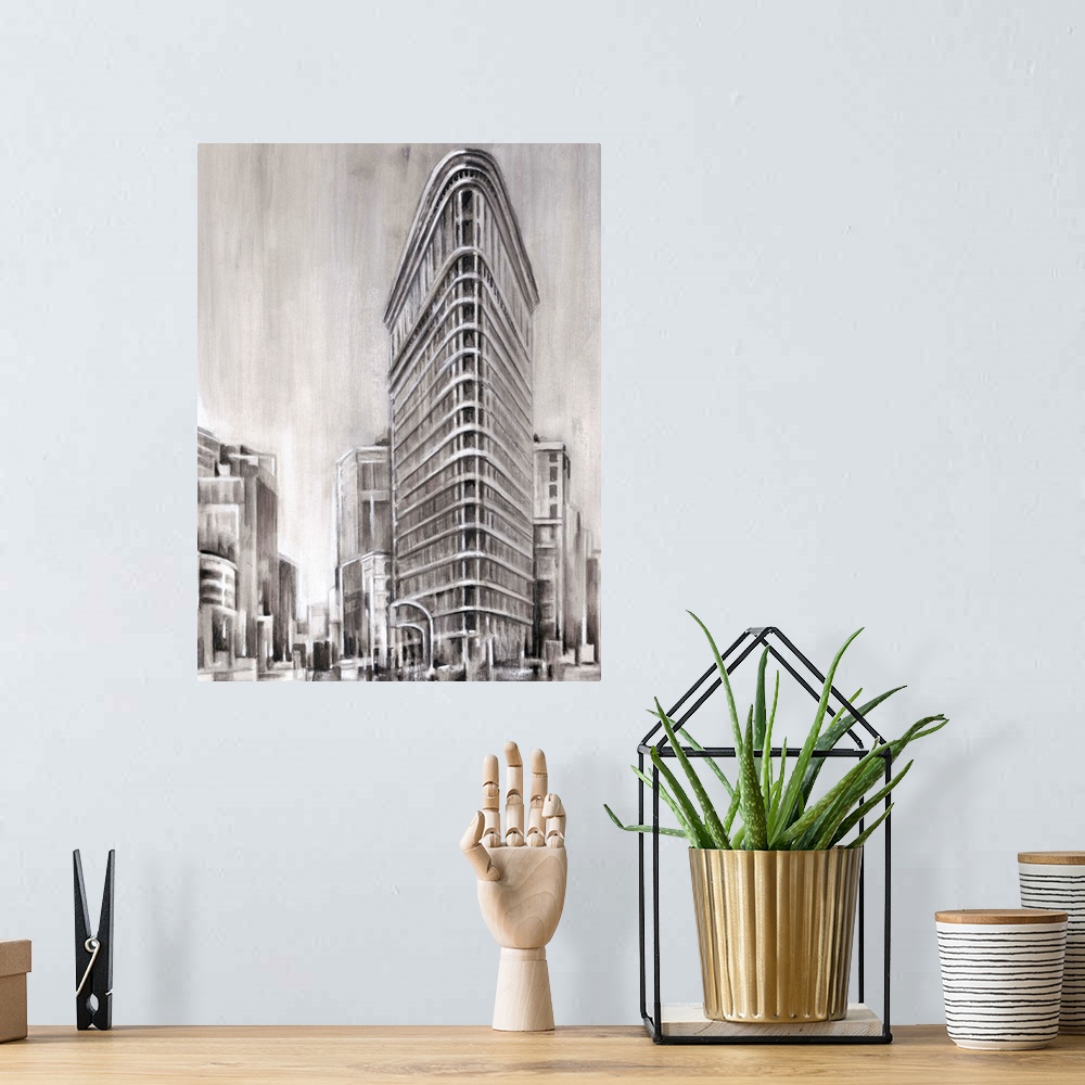 A bohemian room featuring Contemporary monotone painting of skyscrapers in New York City, done in an Art Deco style.