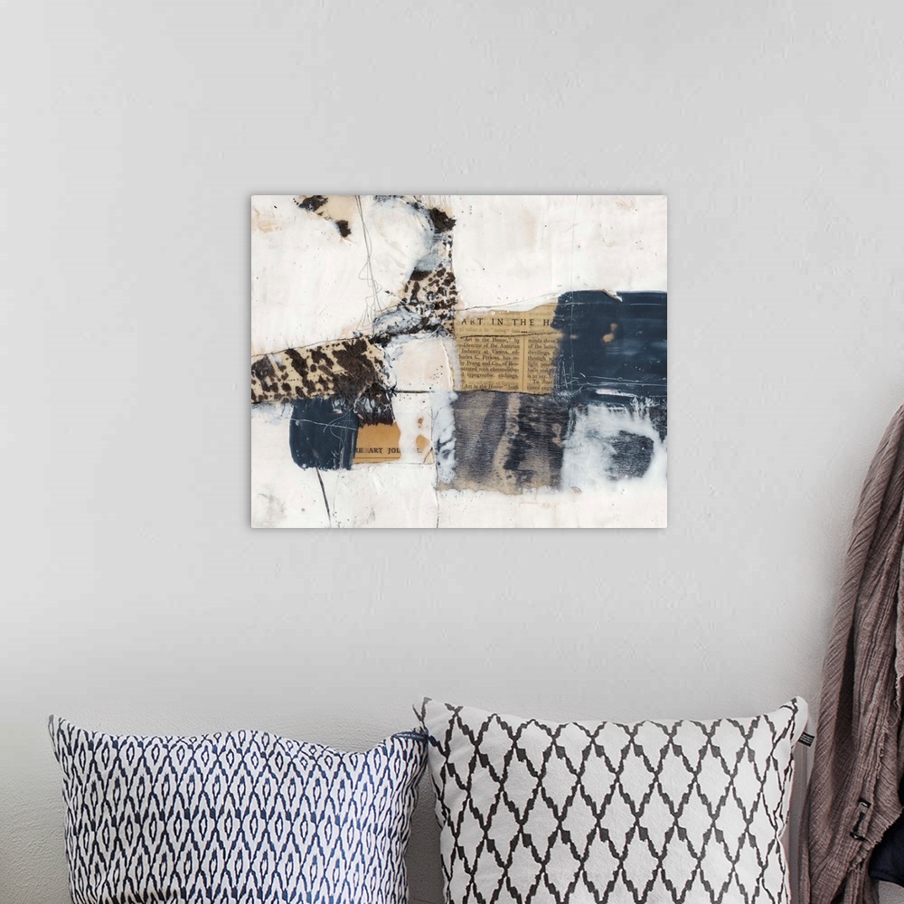 A bohemian room featuring Contemporary abstract collage style artwork using print clippings and muted tones.