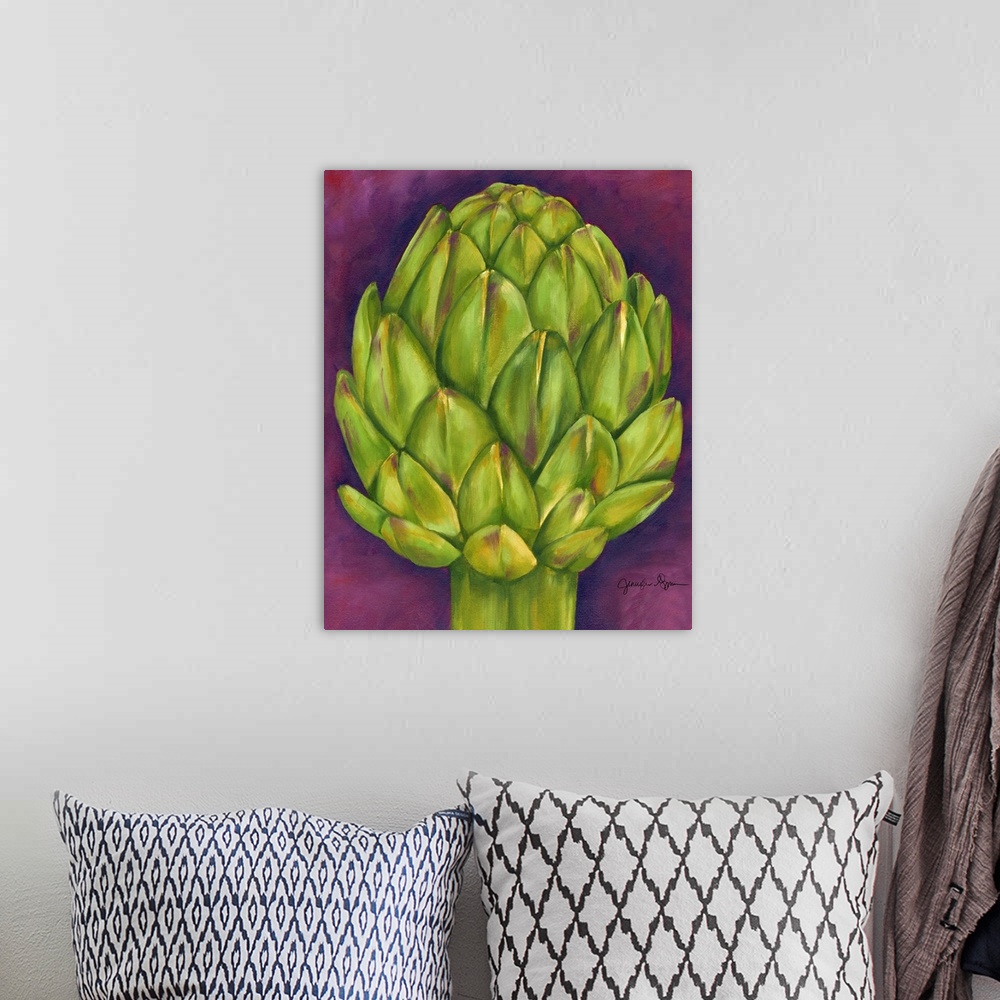 A bohemian room featuring Artwork perfect for the kitchen that is a drawing of an artichoke against a purple background.