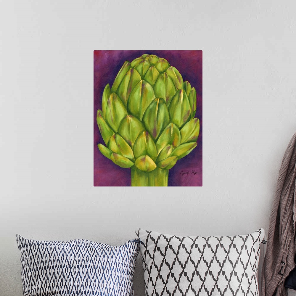 A bohemian room featuring Artwork perfect for the kitchen that is a drawing of an artichoke against a purple background.