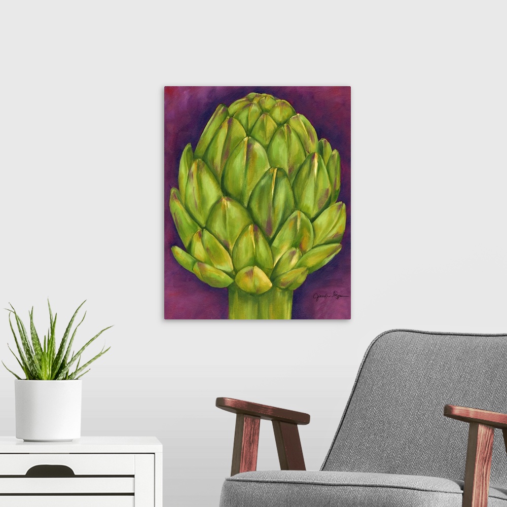 A modern room featuring Artwork perfect for the kitchen that is a drawing of an artichoke against a purple background.