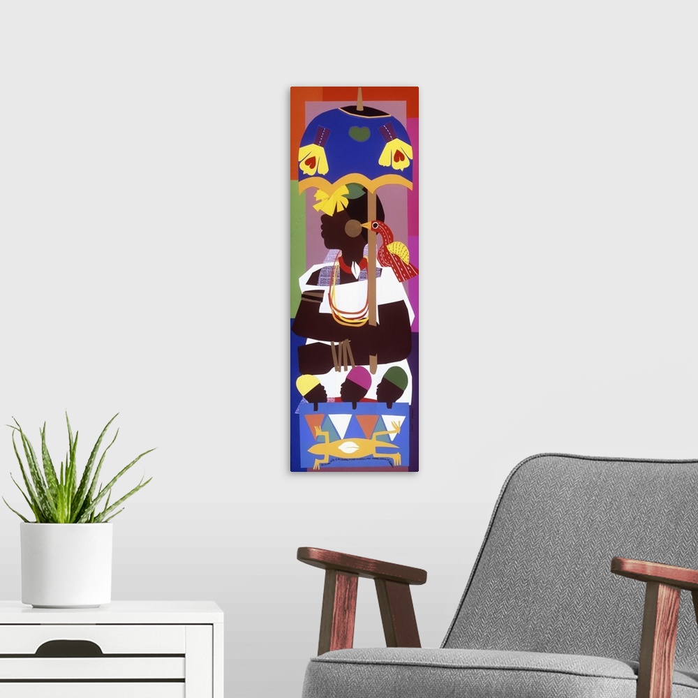 A modern room featuring Contemporary vibrant and colorful African artwork.