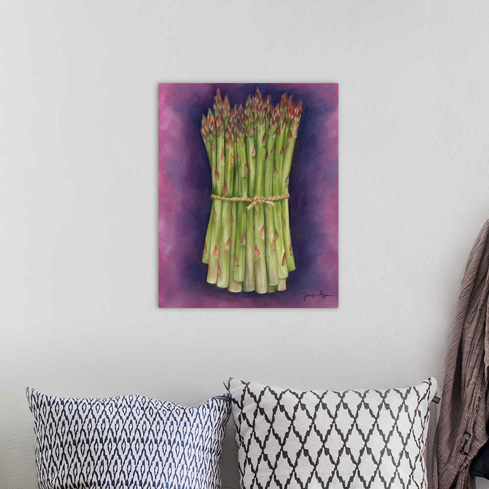 A bohemian room featuring Kitchen wall art by Jennifer Goldberger featuring a bundle of asparagus on a soft painted backgro...
