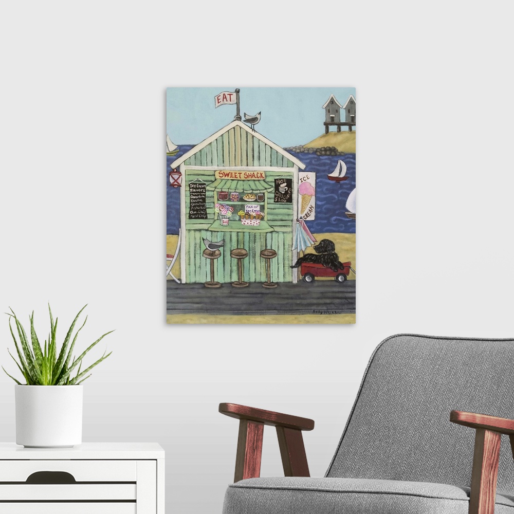 A modern room featuring Painting of a coastal environment with old beach town building.