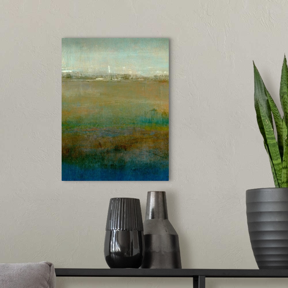 A modern room featuring A painting with warm color gradient in a vertical rendering.