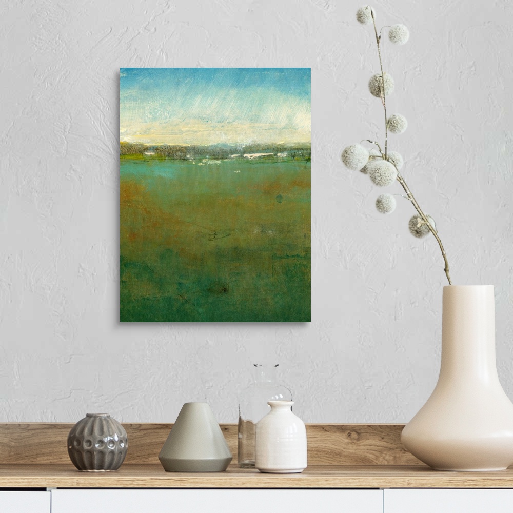 A farmhouse room featuring Abstract artwork of a massive field with a cloudy sky painted above it.