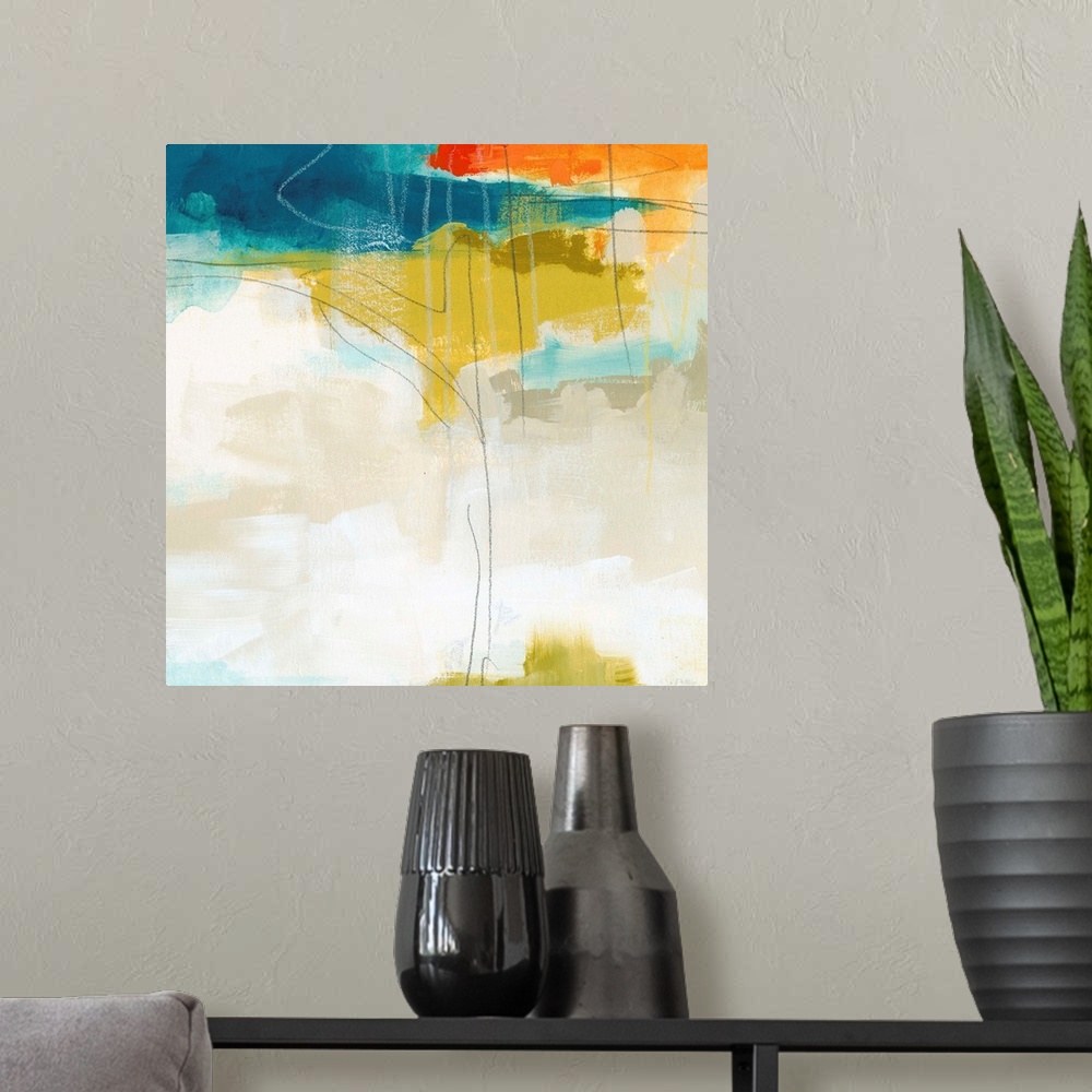 A modern room featuring Contemporary abstract artwork using light colors.