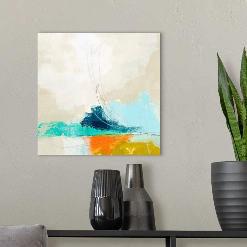 A modern room featuring Contemporary abstract artwork using light colors.