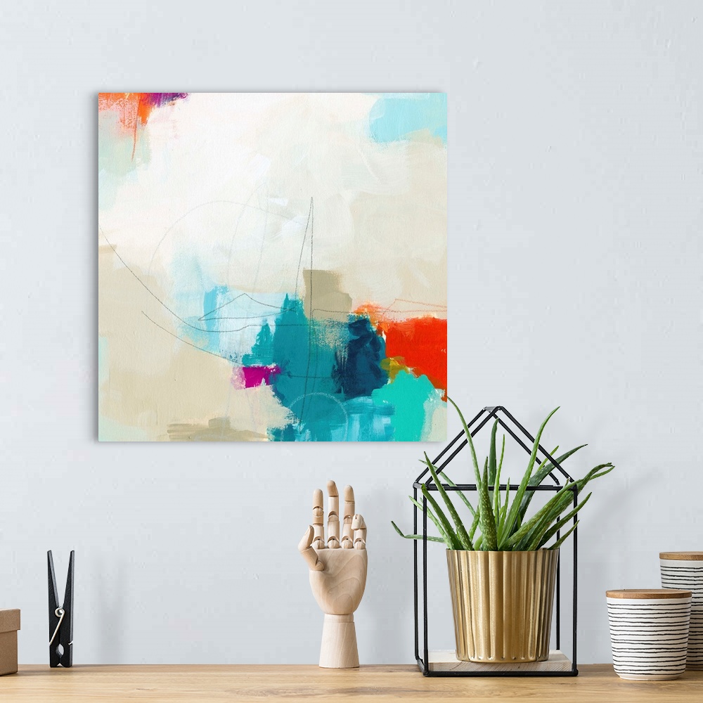 A bohemian room featuring Contemporary abstract artwork using light colors.