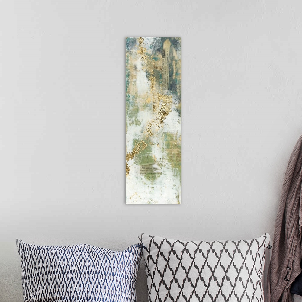 A bohemian room featuring Contemporary abstract painting using muted distressed colors.