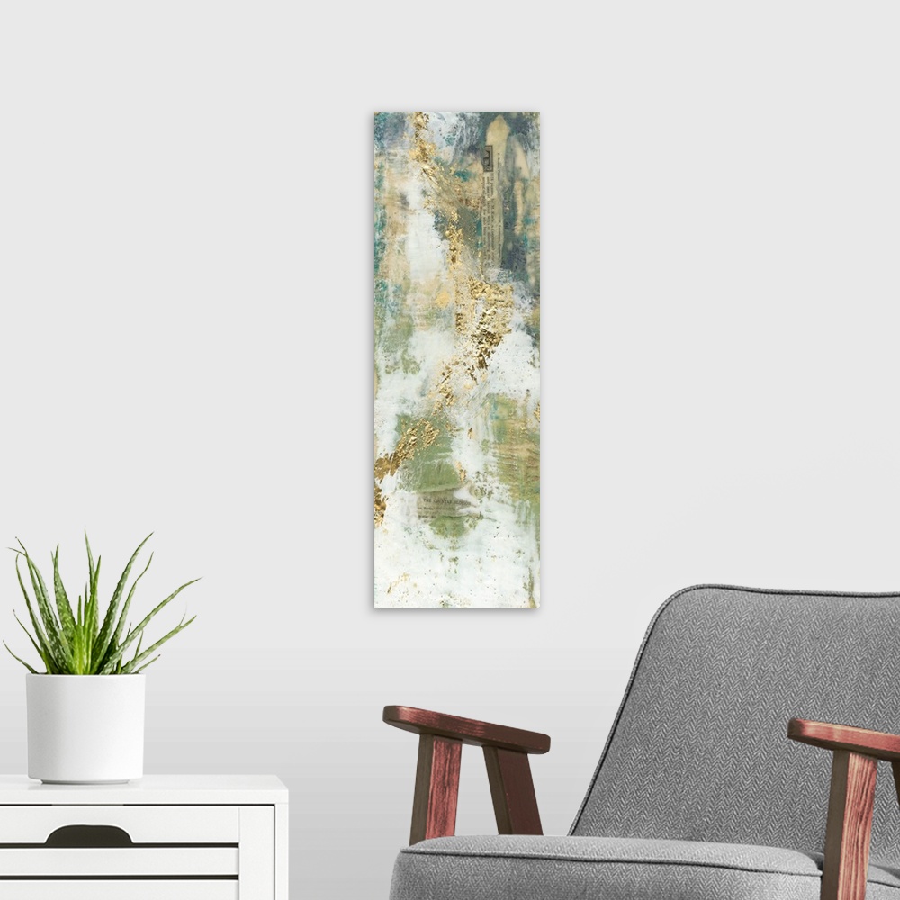 A modern room featuring Contemporary abstract painting using muted distressed colors.