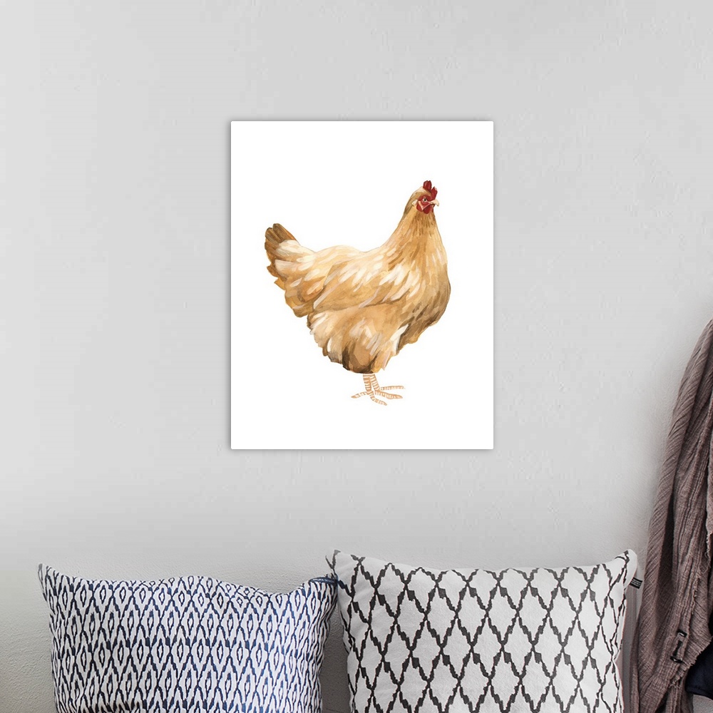 A bohemian room featuring Watercolor portrait of a chicken painted with warm earth tones.