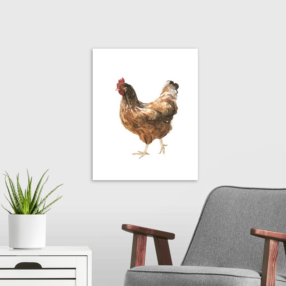 A modern room featuring Watercolor portrait of a chicken painted with warm earth tones.