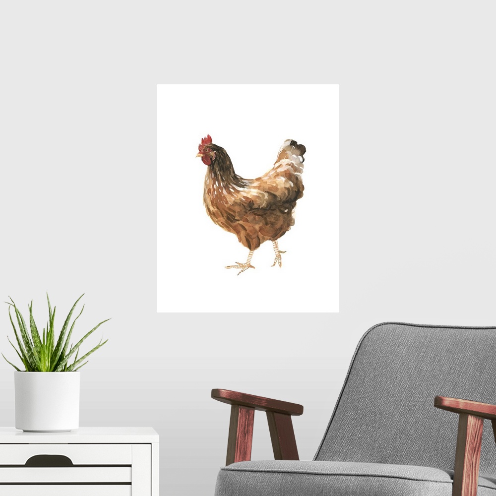 A modern room featuring Watercolor portrait of a chicken painted with warm earth tones.
