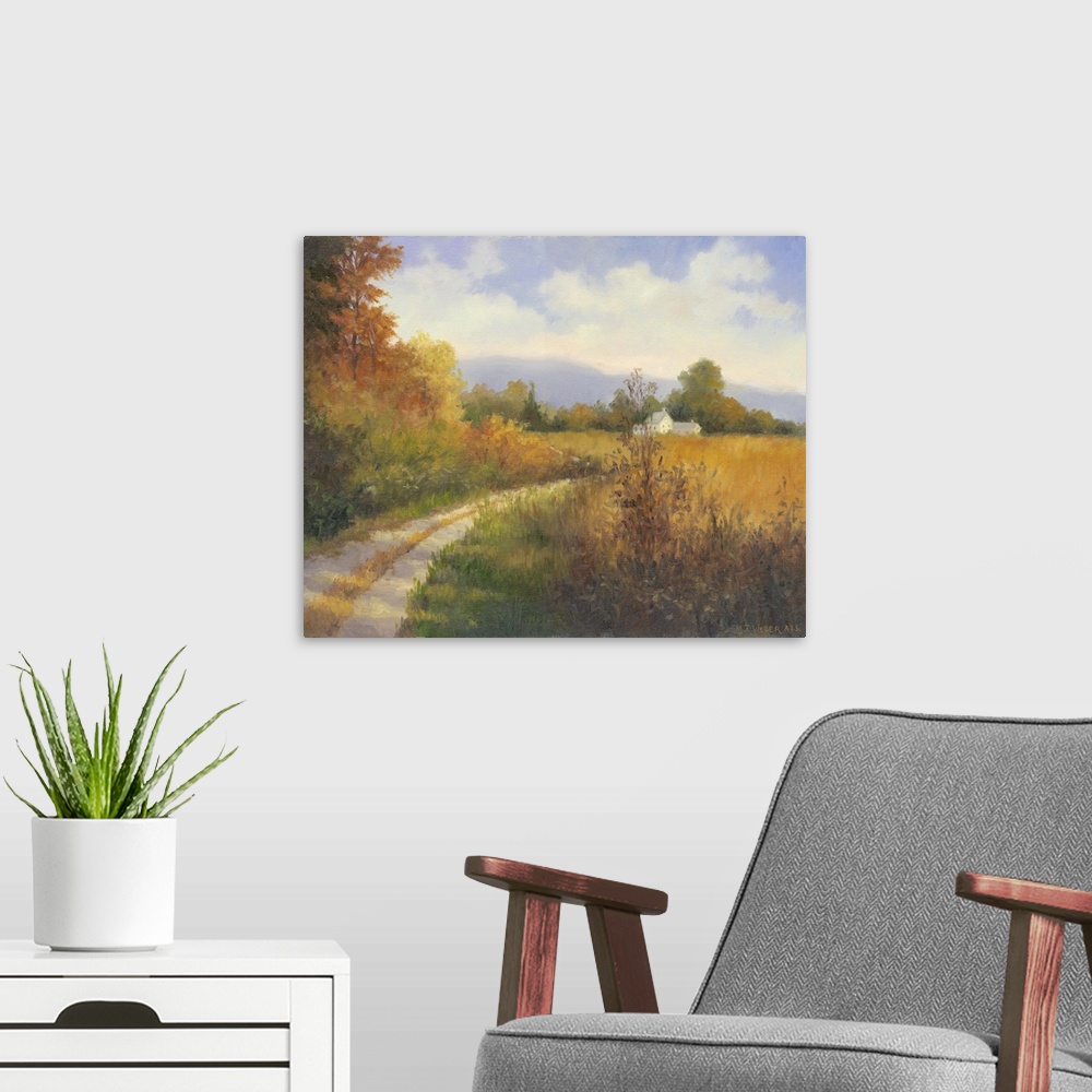A modern room featuring Autumn Country Road