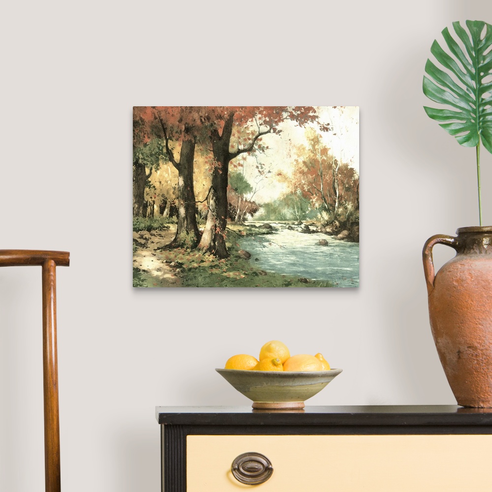 A traditional room featuring Contemporary artwork of an autumn landscape seen in the foliage of the trees.