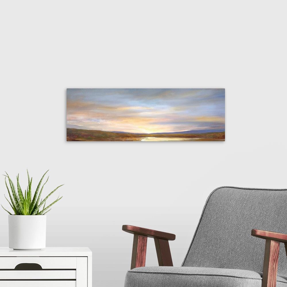A modern room featuring Contemporary painting of pastel clouds over calm waters.