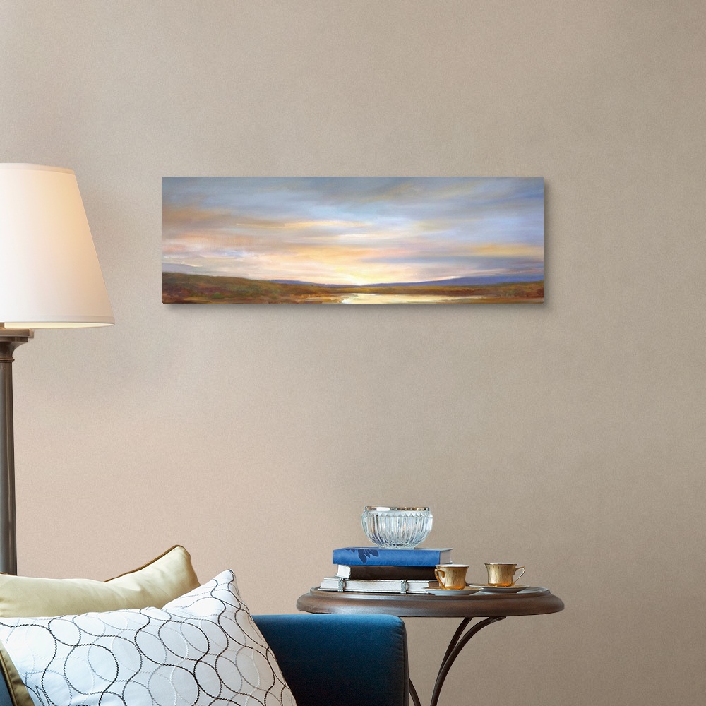 A traditional room featuring Contemporary painting of pastel clouds over calm waters.