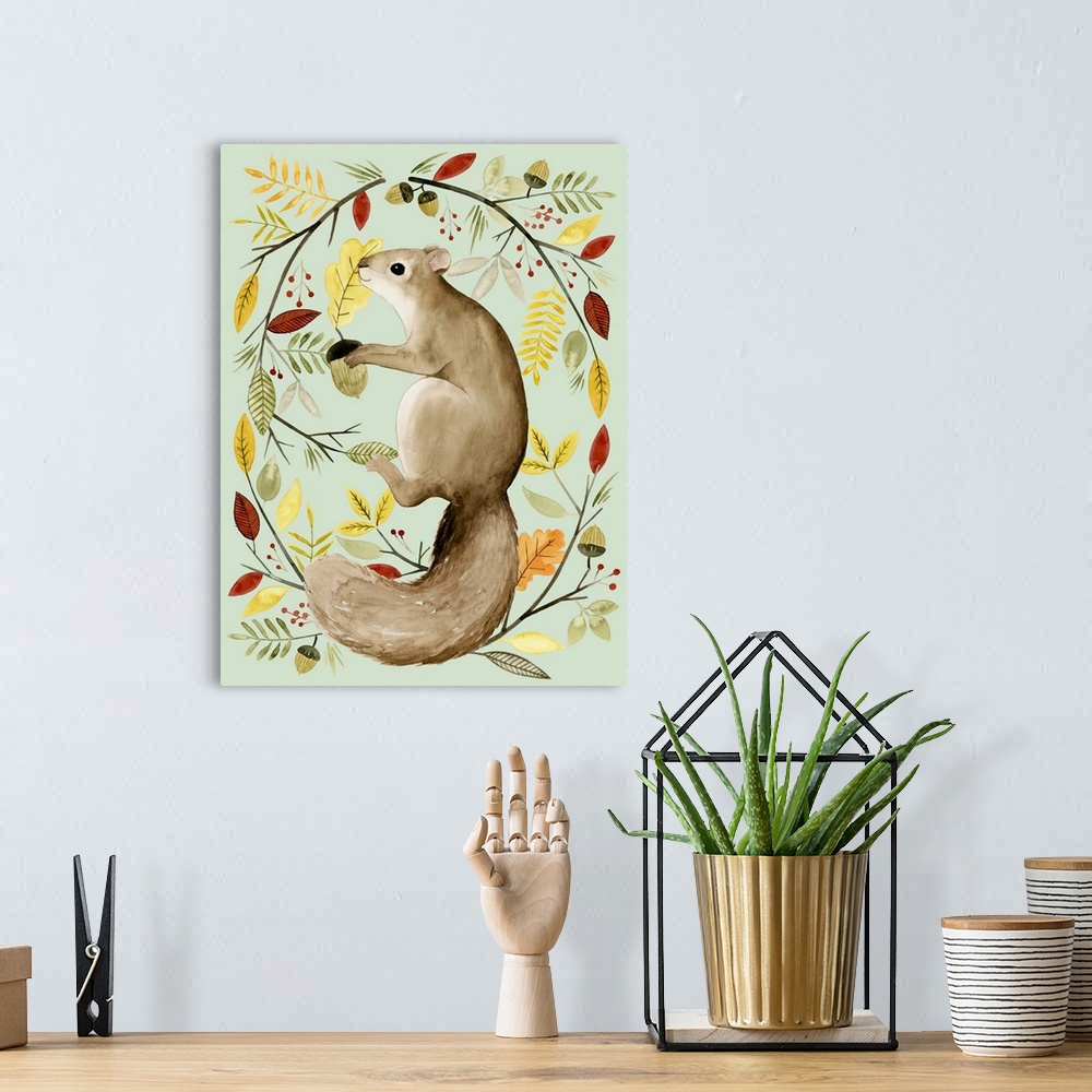 A bohemian room featuring Autumn style painting of a squirrel holding an acorn and surrounded by Fall leaves and branches.