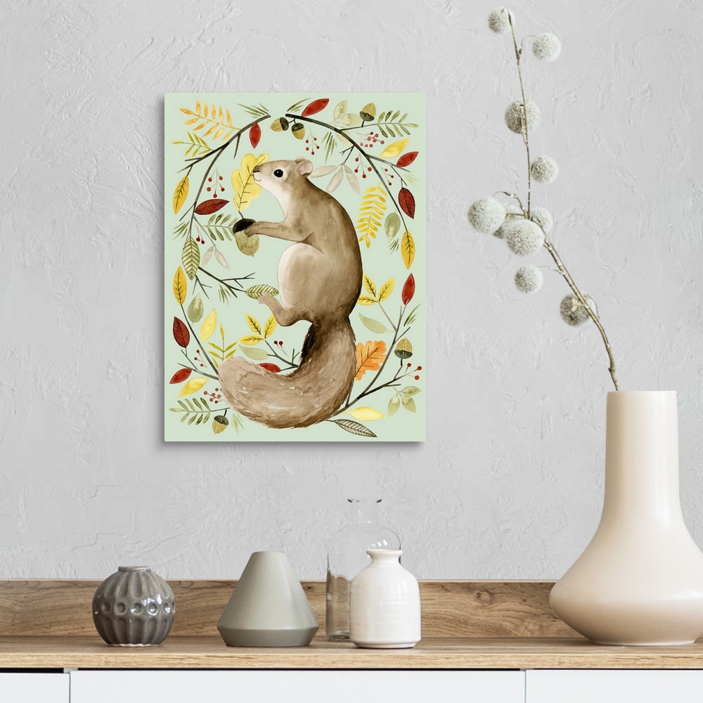 A farmhouse room featuring Autumn style painting of a squirrel holding an acorn and surrounded by Fall leaves and branches.