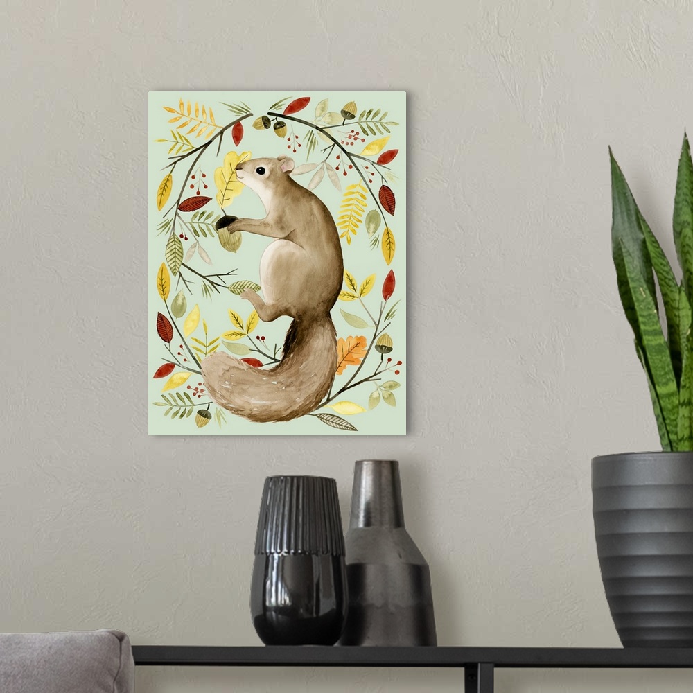 A modern room featuring Autumn style painting of a squirrel holding an acorn and surrounded by Fall leaves and branches.