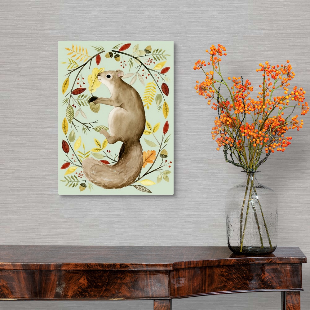 A traditional room featuring Autumn style painting of a squirrel holding an acorn and surrounded by Fall leaves and branches.