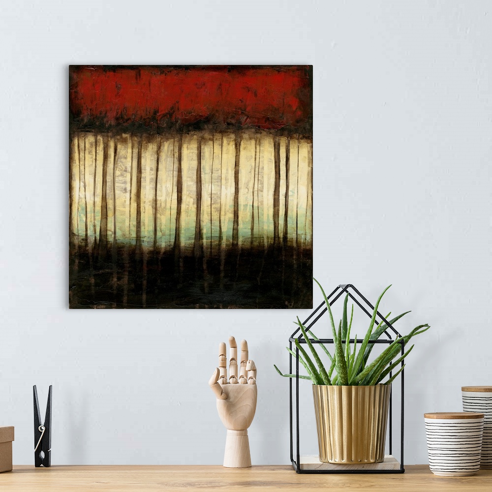 A bohemian room featuring A contemporary abstract painting of a tall slender trees in a forest with red autumn foliage.