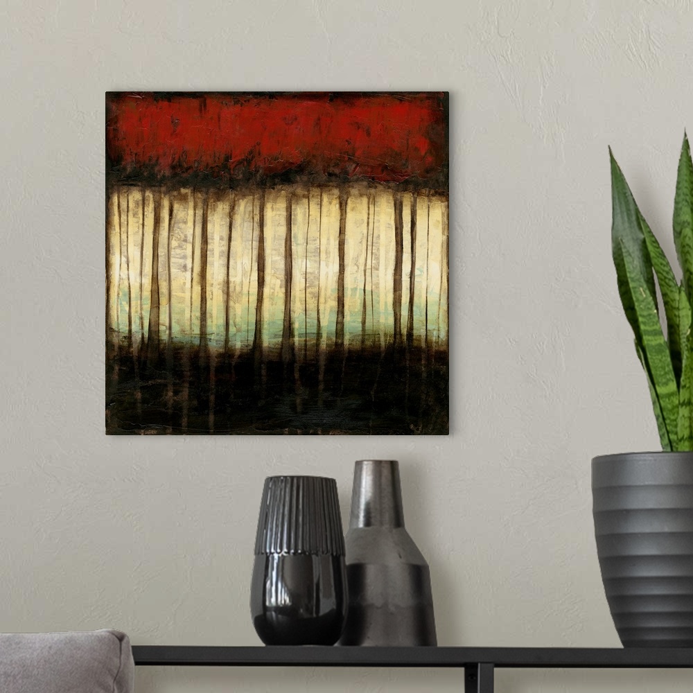 A modern room featuring A contemporary abstract painting of a tall slender trees in a forest with red autumn foliage.