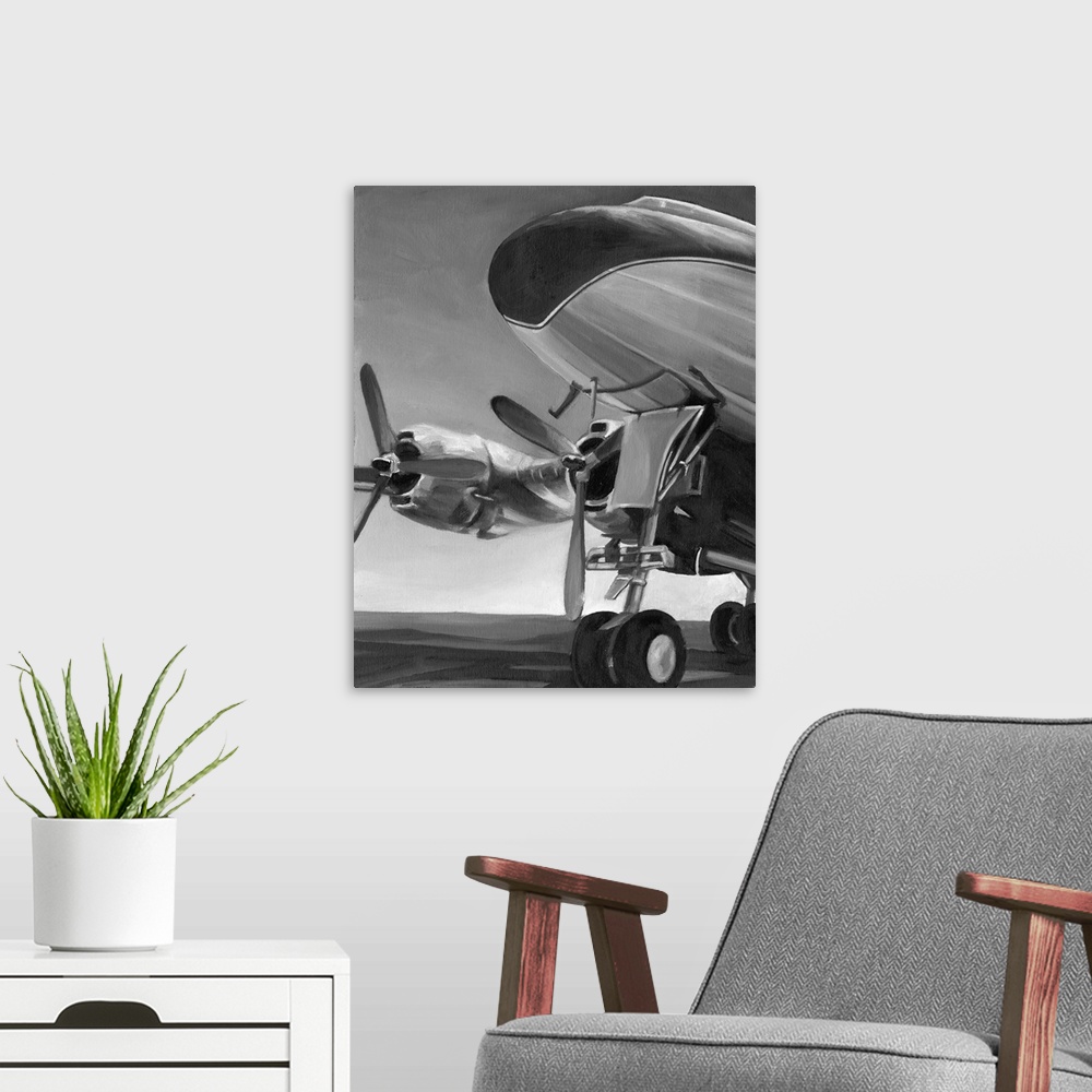 A modern room featuring Brush strokes in gray tones create a reflective plane and propeller in this contemporary artwork.