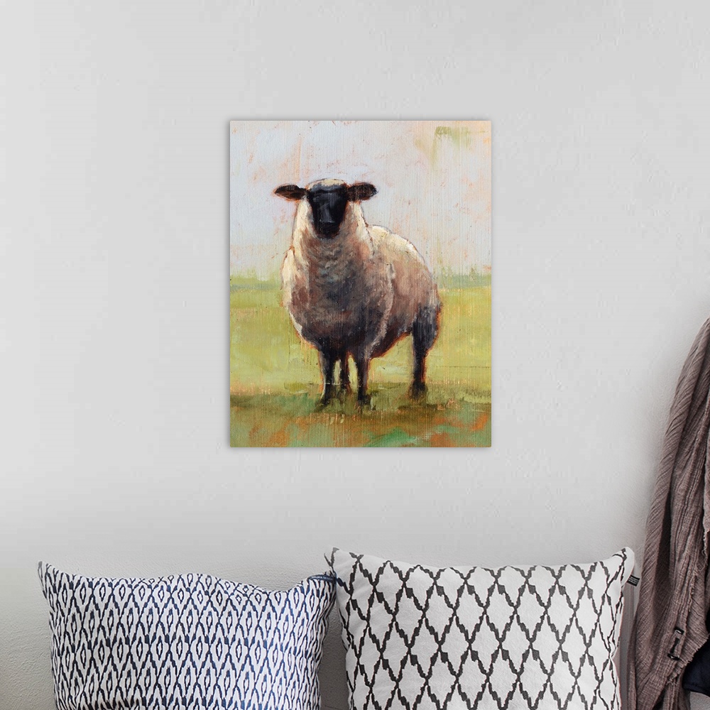 A bohemian room featuring Contemporary rustic painting of a single sheep with an aged look.