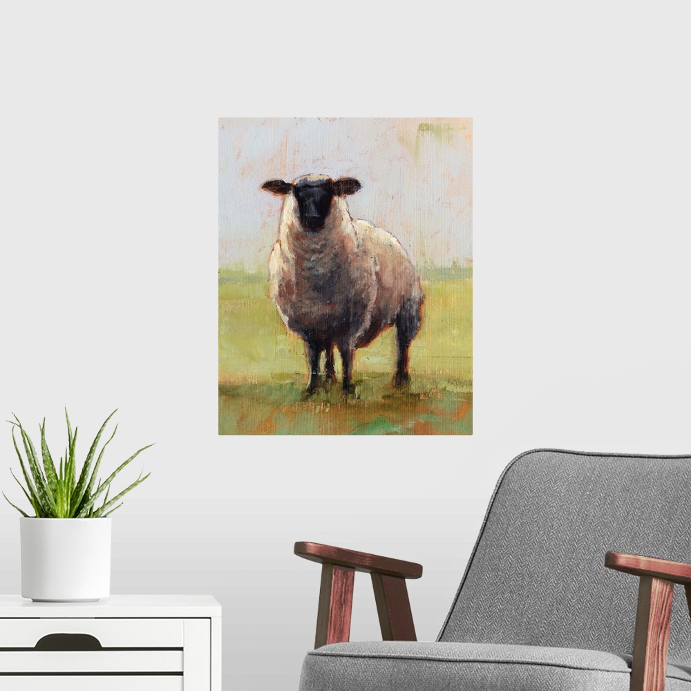 A modern room featuring Contemporary rustic painting of a single sheep with an aged look.