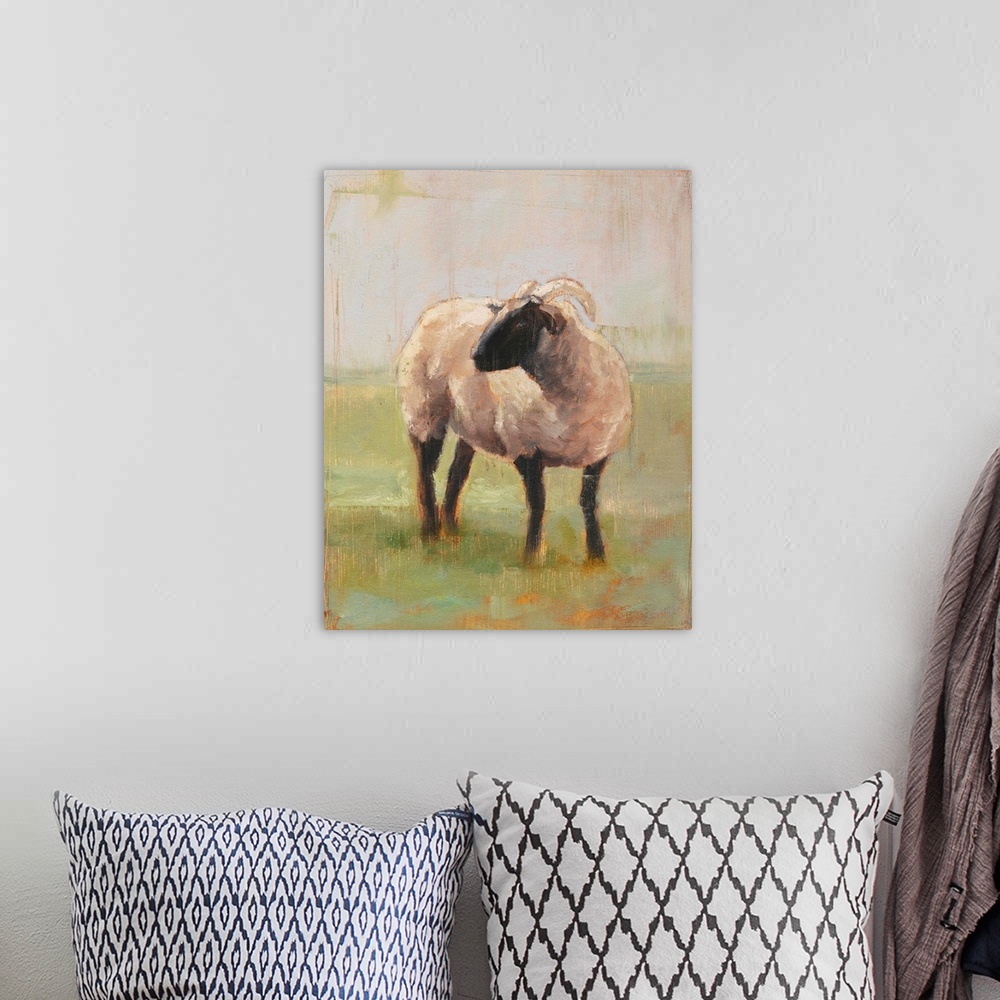A bohemian room featuring Contemporary rustic painting of a single ram with an aged look.