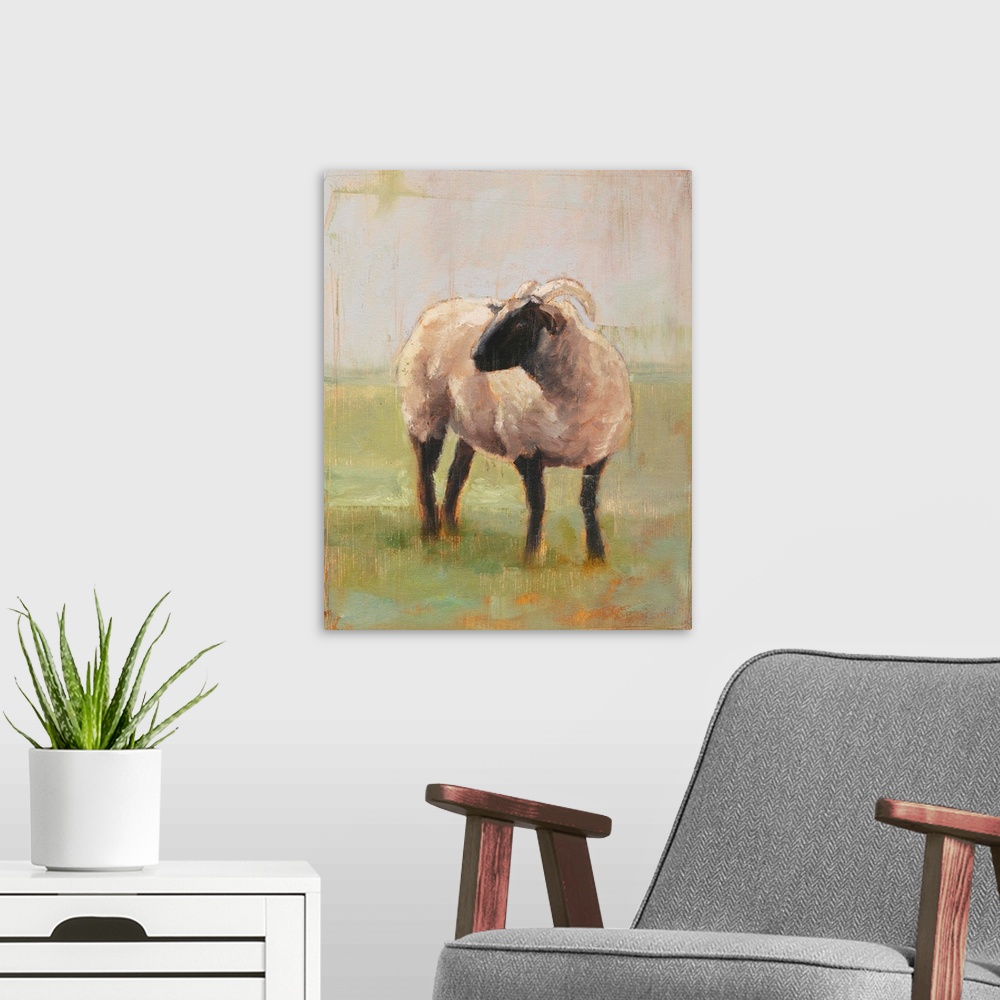 A modern room featuring Contemporary rustic painting of a single ram with an aged look.