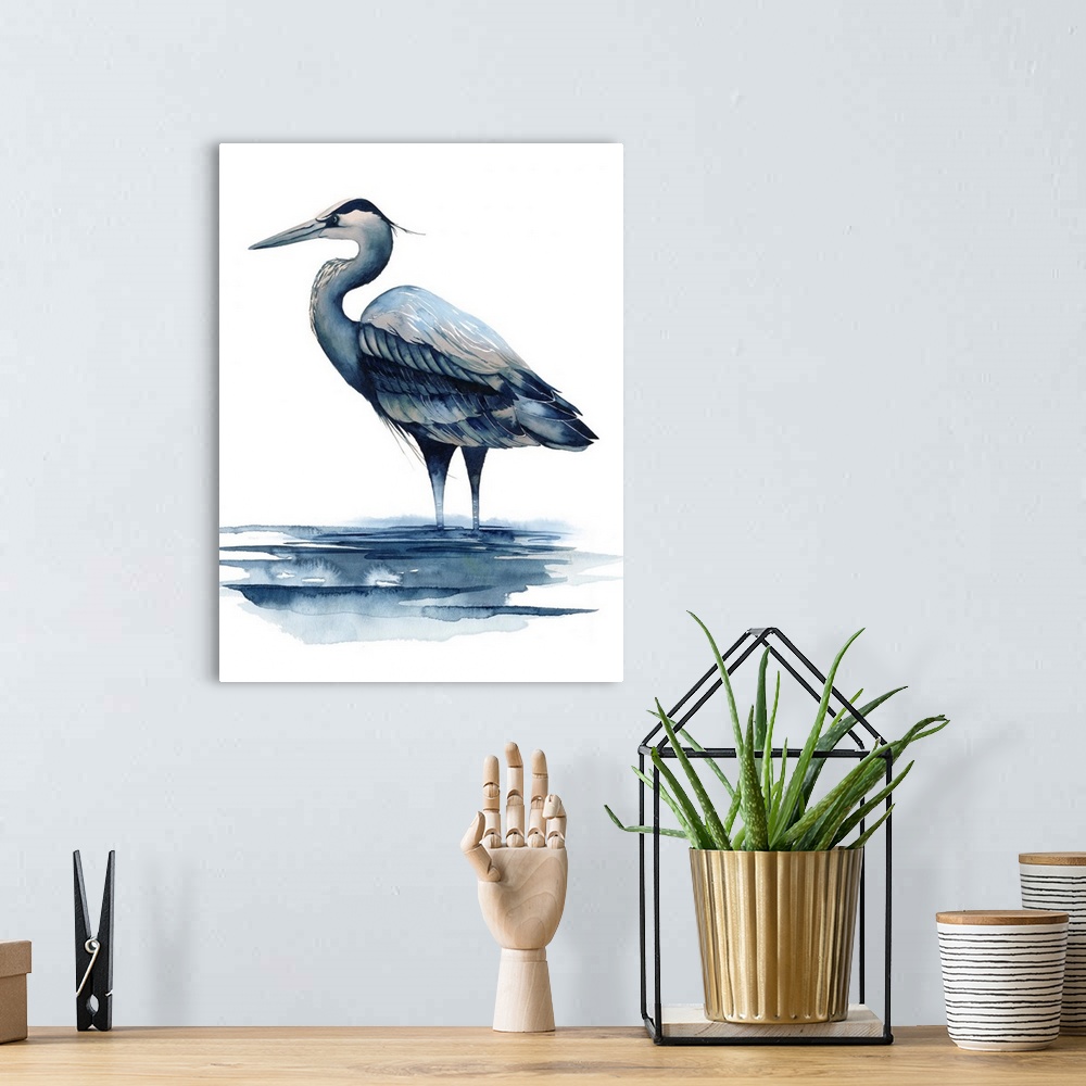 A bohemian room featuring Watercolor illustration of a Great Blue Heron on white.