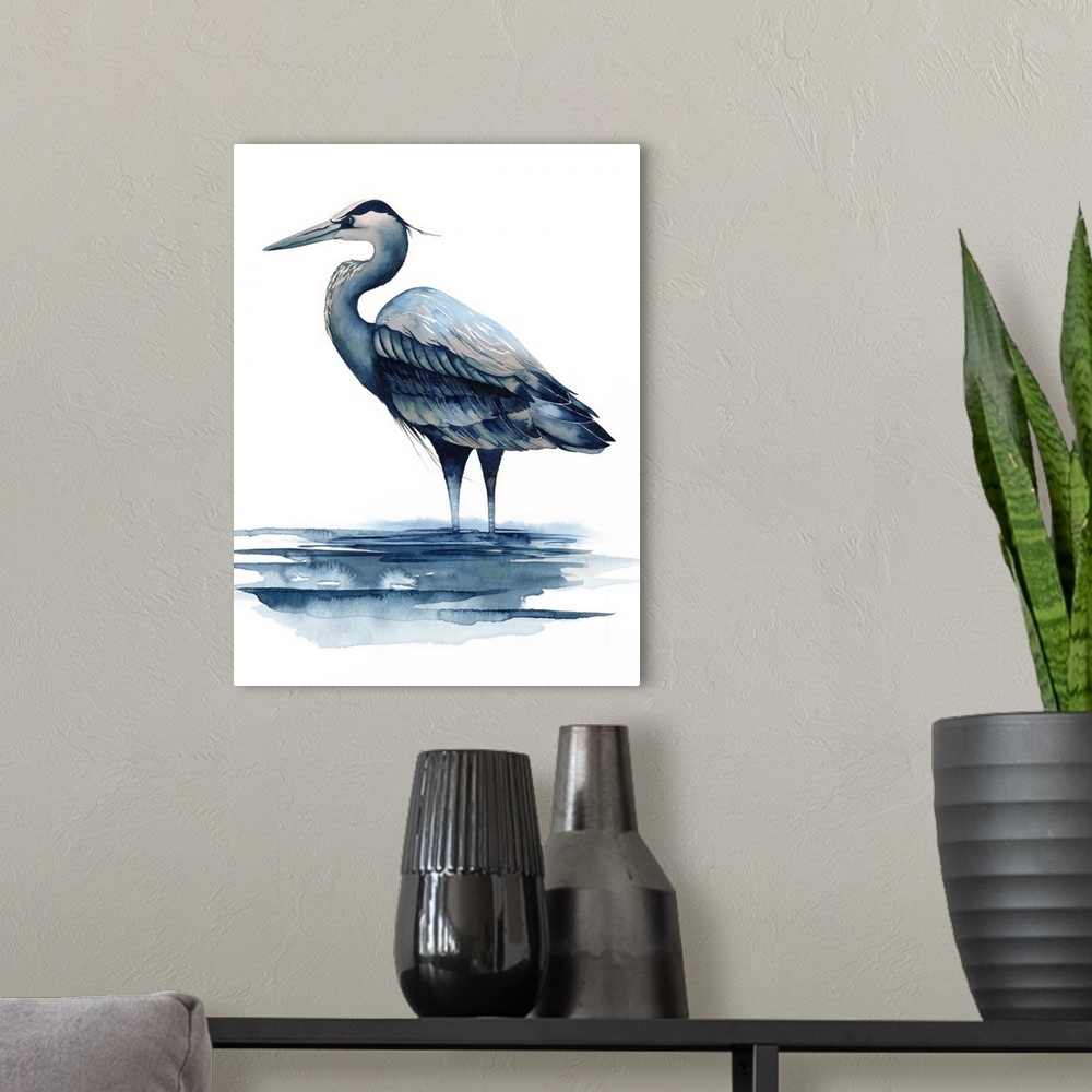 A modern room featuring Watercolor illustration of a Great Blue Heron on white.