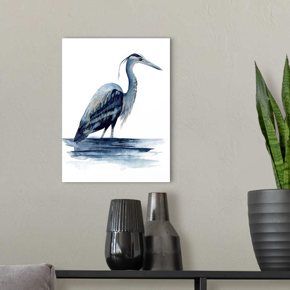 A modern room featuring Watercolor illustration of a Great Blue Heron on white.